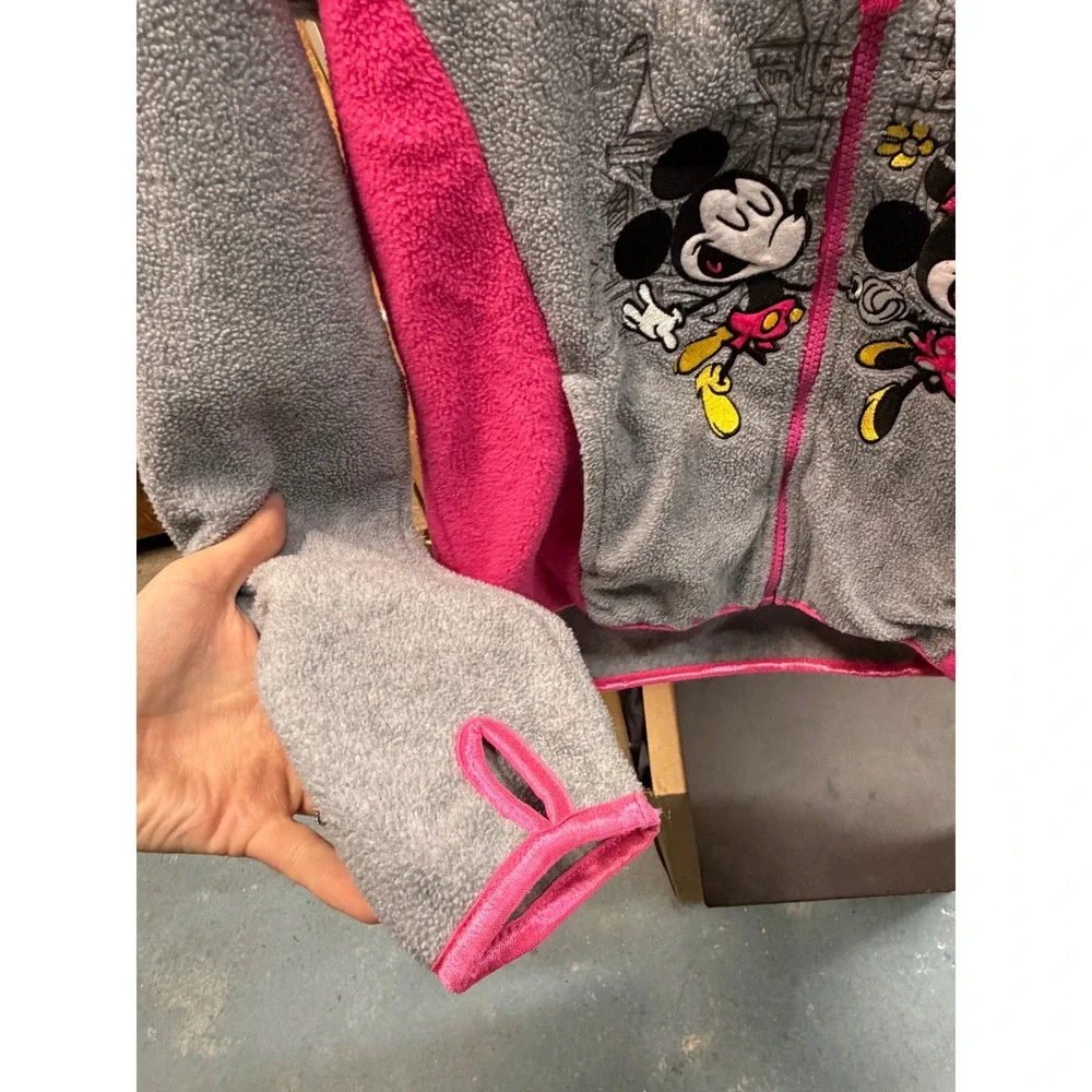 Disney Parks Kids Grey Pink Mickey Minnie Mouse Fleece Zip‎ Jacket Thumbholes L